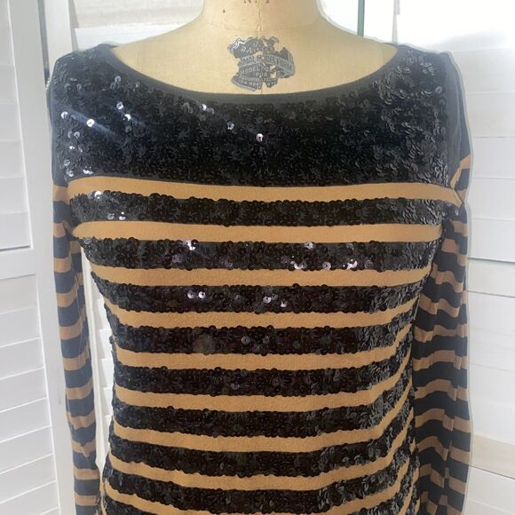 Ann Taylor Loft Sequin Striped Top Size Medium Long Sleeve Black Brown - Picture 2 of 8